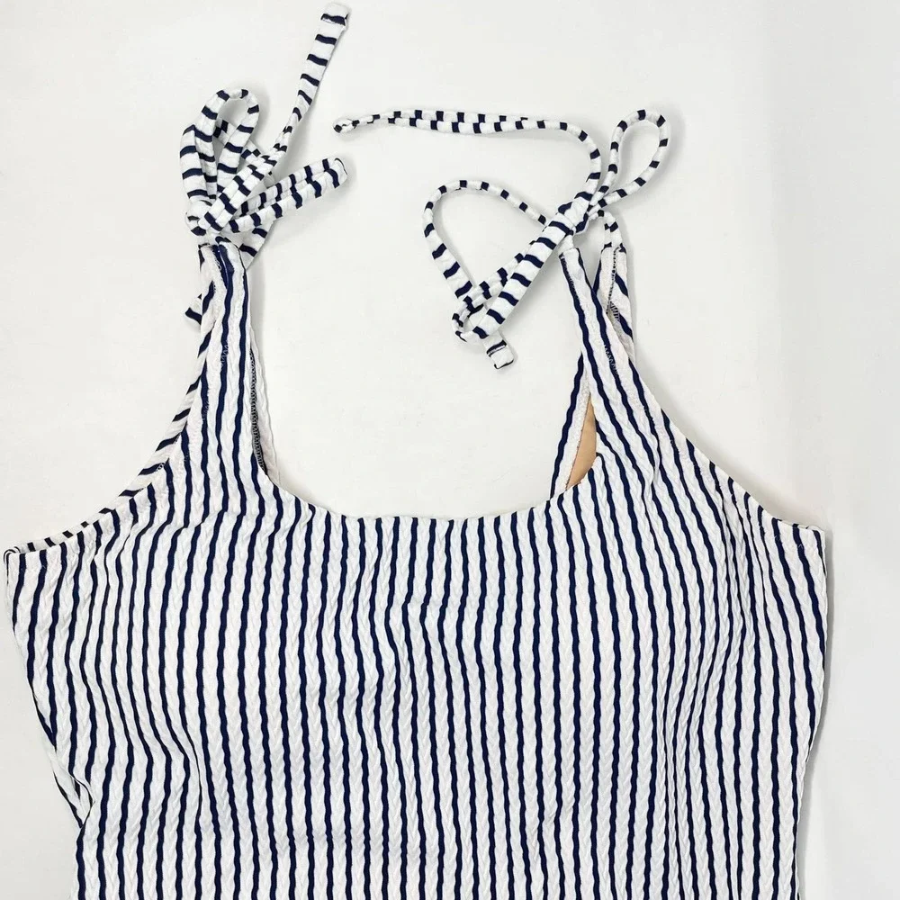 J Crew One Piece Swimsuit Wms XXL Navy Blue White Stripe Nautical Tie Shoulder